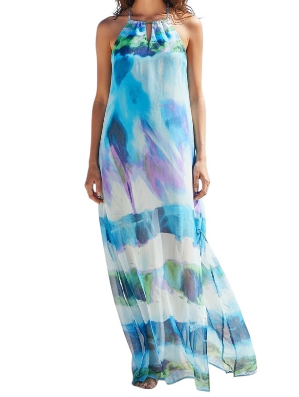 Aqua Blue Green Purple Watercolor Halter Maxi Dress, Medium